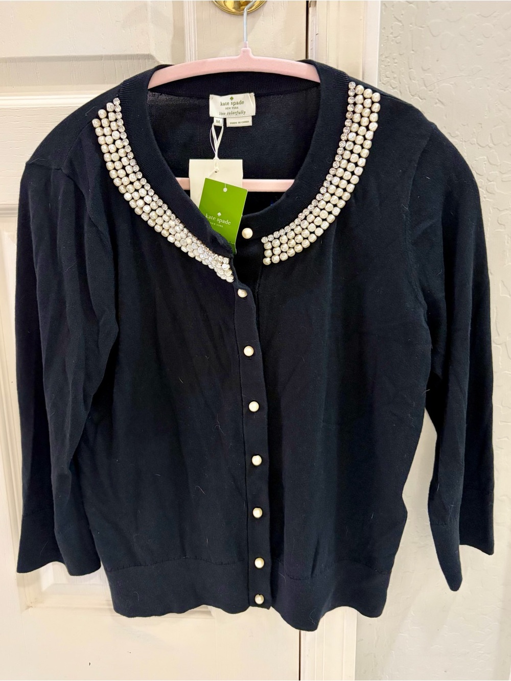 NWT Kate Spade Tula Black Pearl-Trim Cardigan M